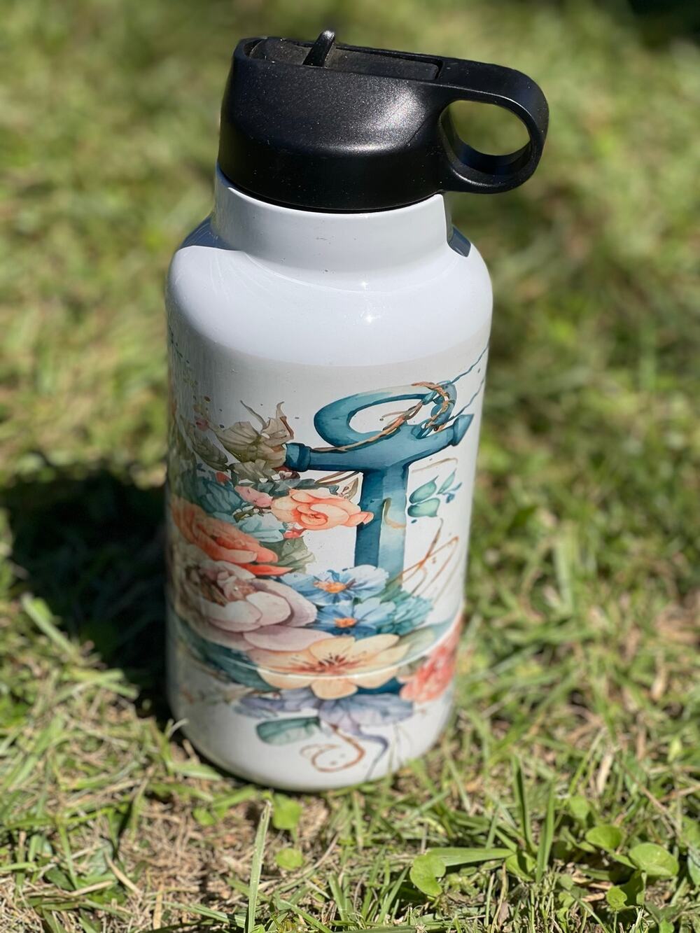 32oz Stainless Steel Water Bottle w/ detachable screw on bowl Nautical